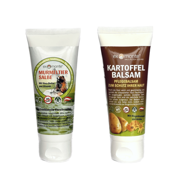 Murmeltiersalbe und Kartoffelbalsam in der Tube von Exmonte (Starter-Set)